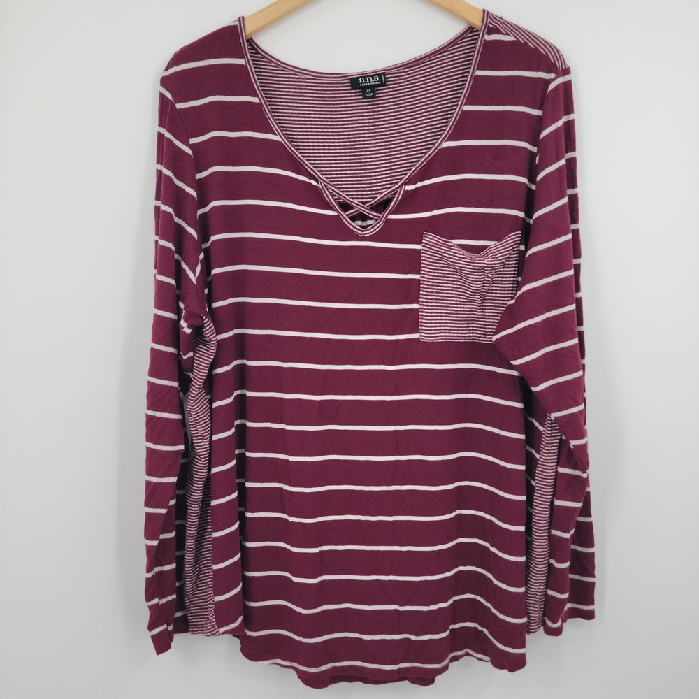 a.n.a Long Sleeve Top Women 2X Burgundy Striped Crisscross V-Neck Pocket